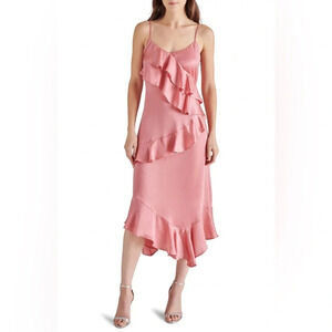 Steve Madden Christina Ruffle Satin Midi Dress sz L NWT